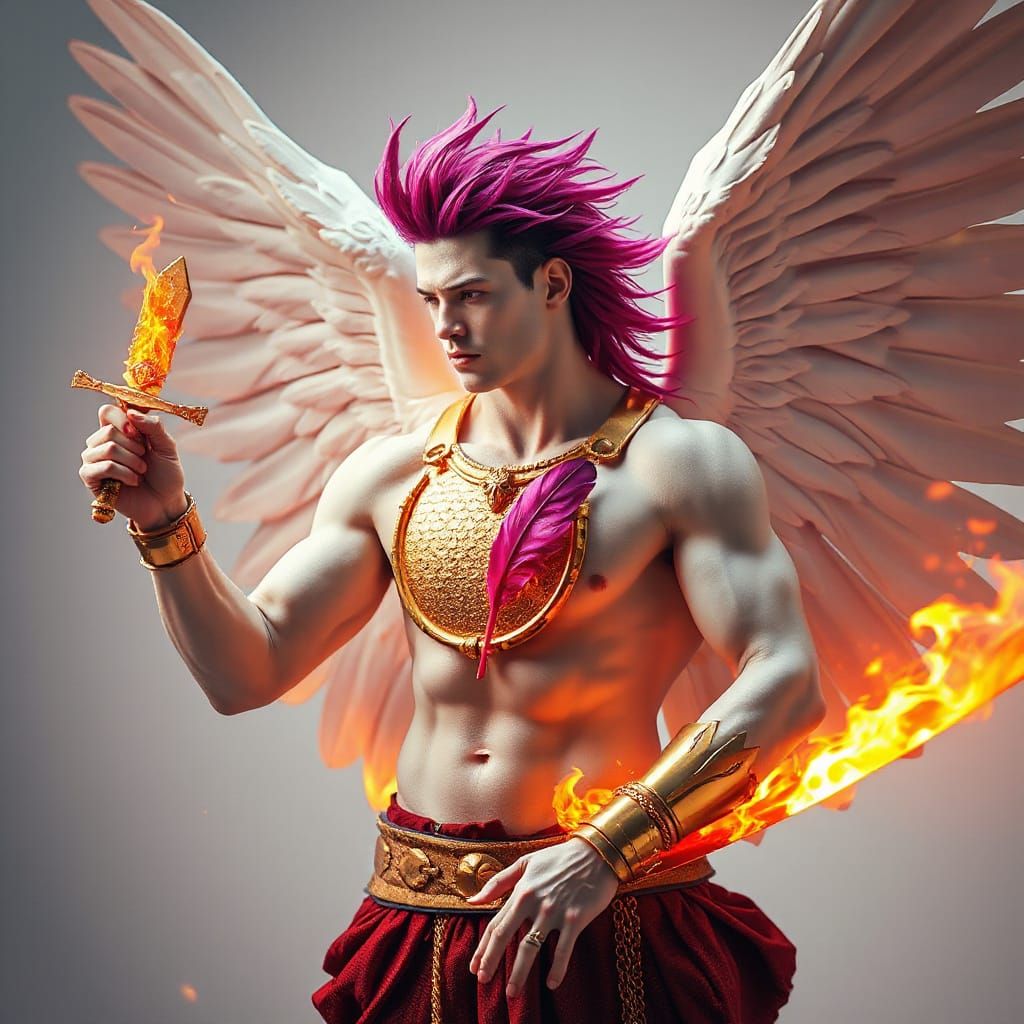 Ivory Archangel with Flaming Sword in Atompunk Style