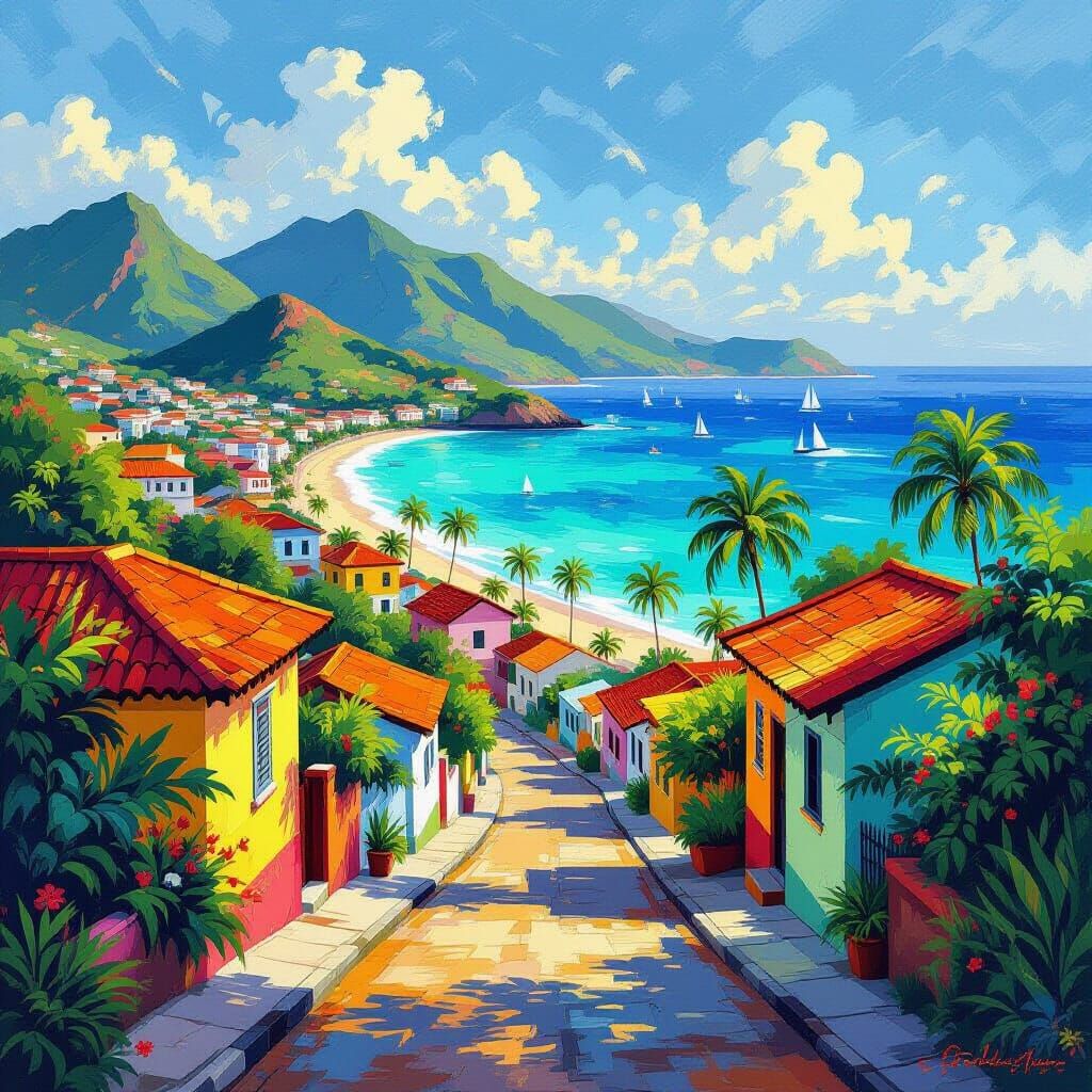 Vibrant Jamaican Landscape at Golden Hour: Impressionist Dig...