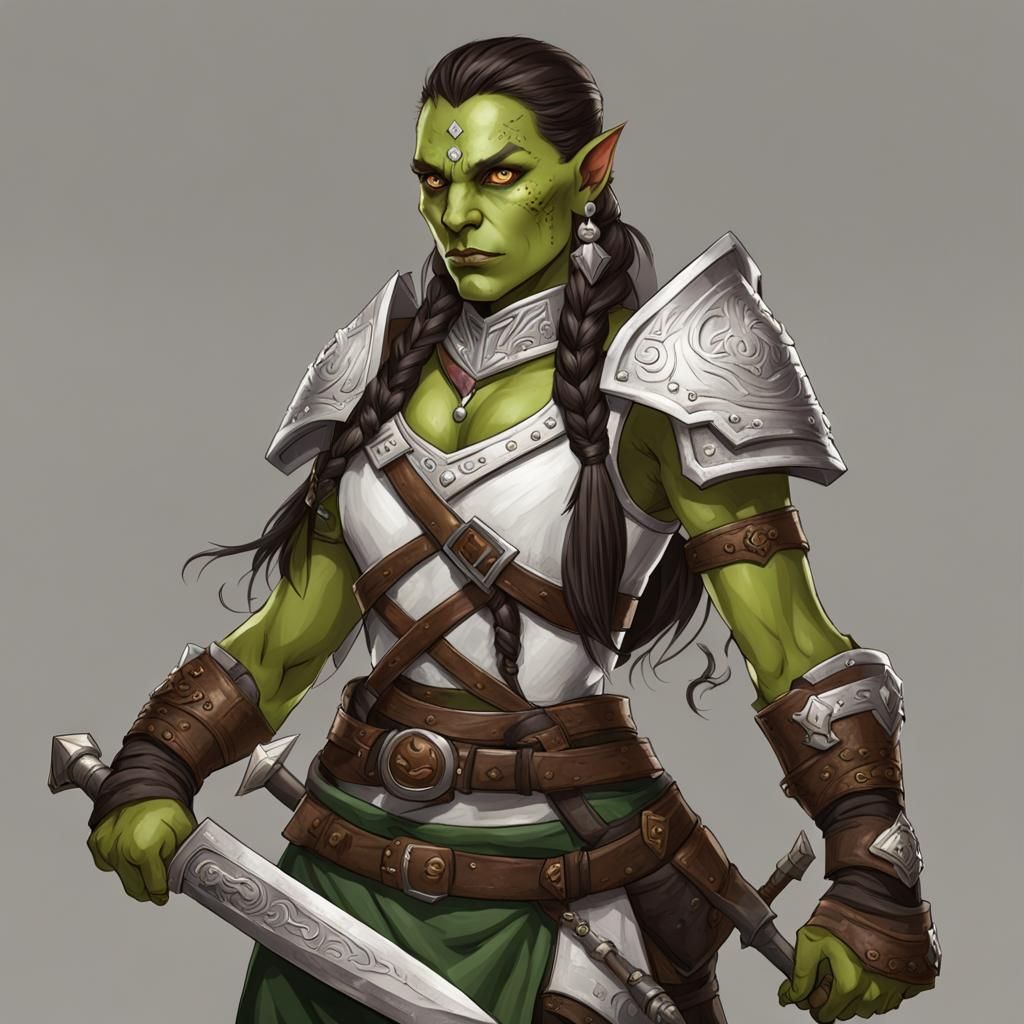 "beautiful (half-orc woman, green skin, green eyes, braids, ...