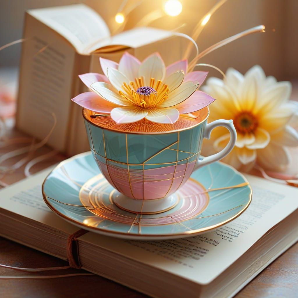 Cubist Still Life: Teacup, Book, and Flower in Thread