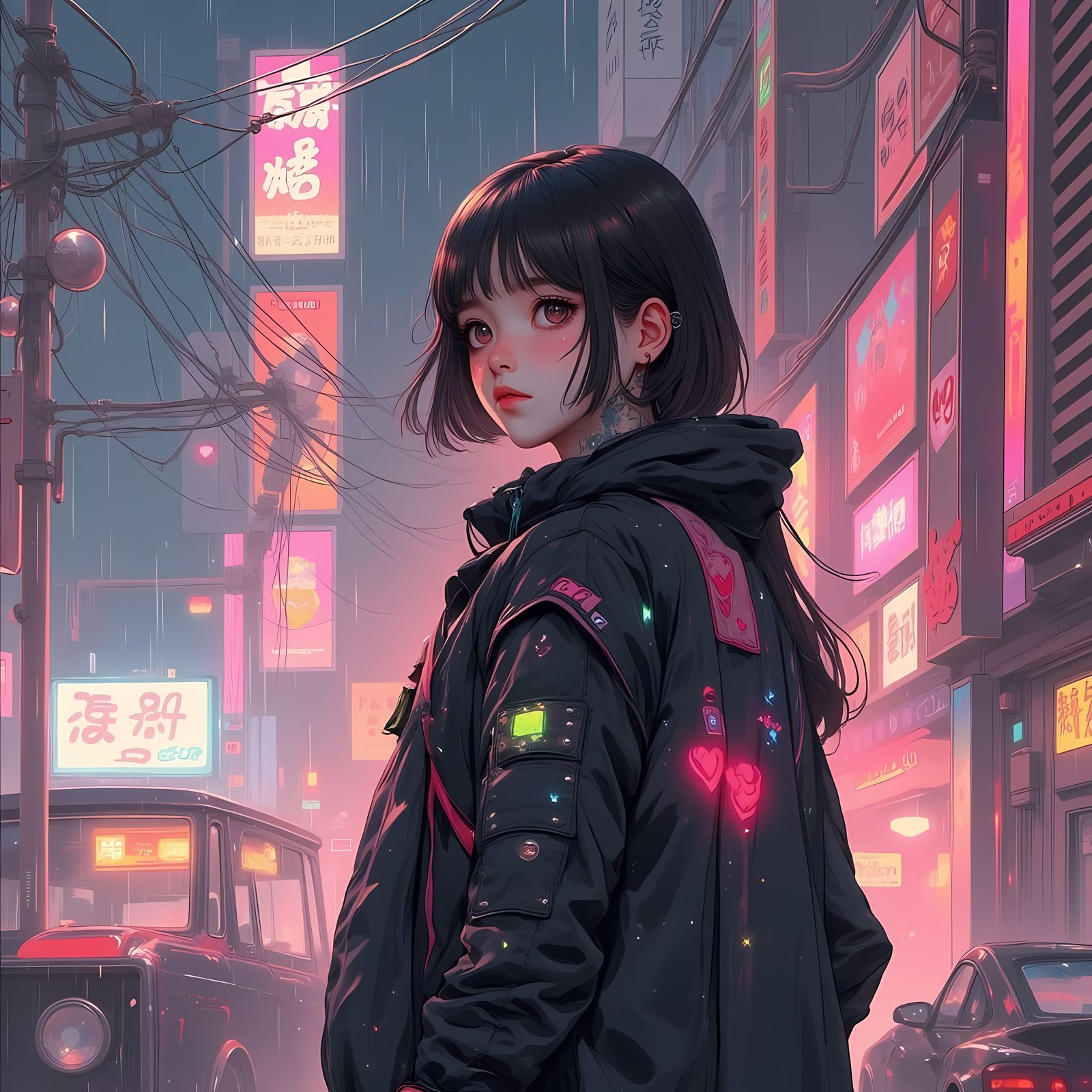 Cyberpunk Anime Girl in Neon Lit Alleyway