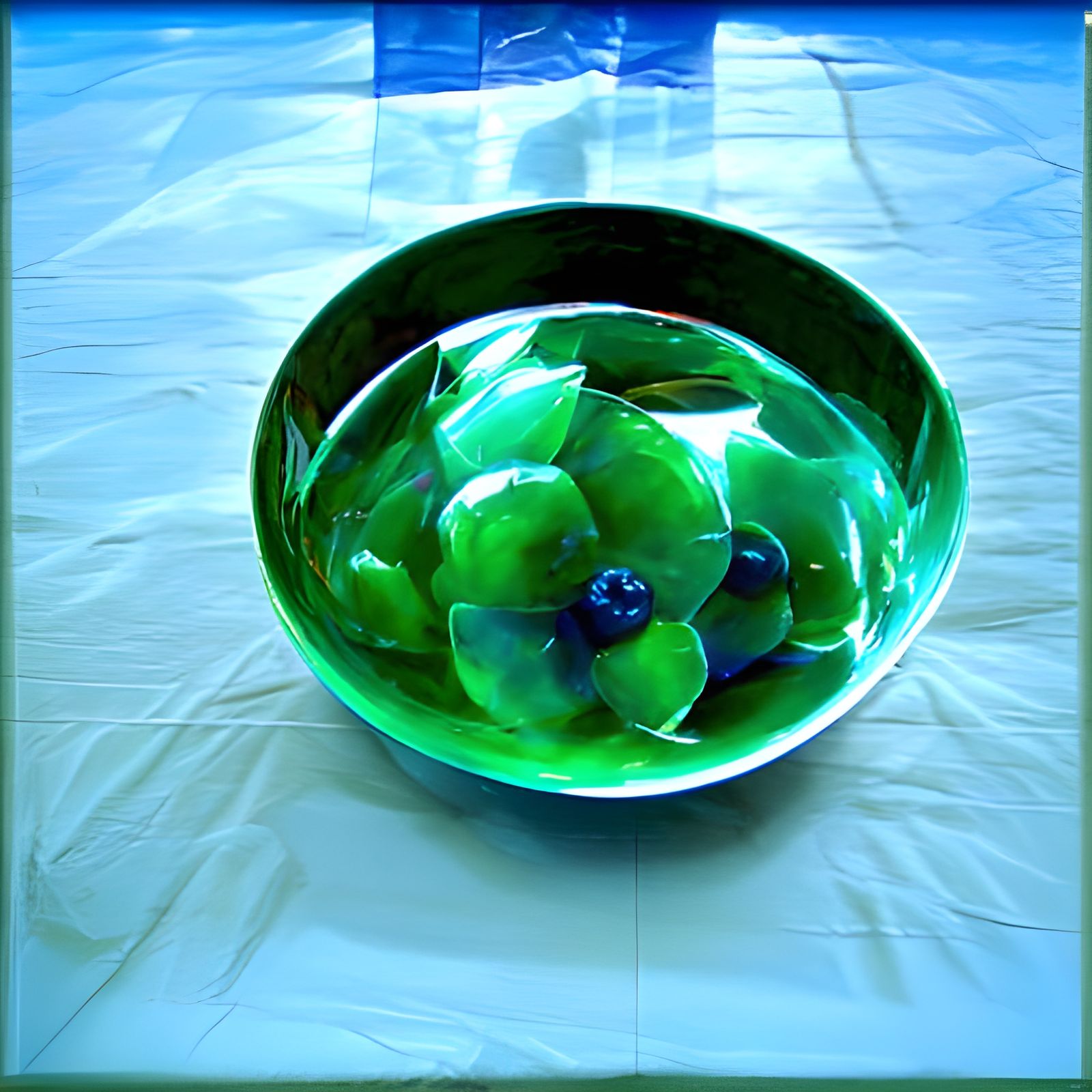 Translucent Glass Bowl of Blue-Green Fruit: Acrylic Art