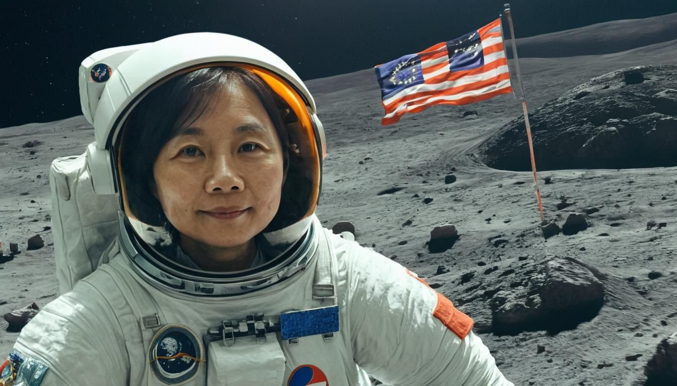 Astronaut Walks on Moon with Singapore Flag