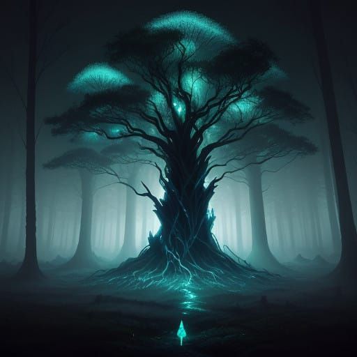 Mystical Felsernite Crystal Amidst Dark Forest