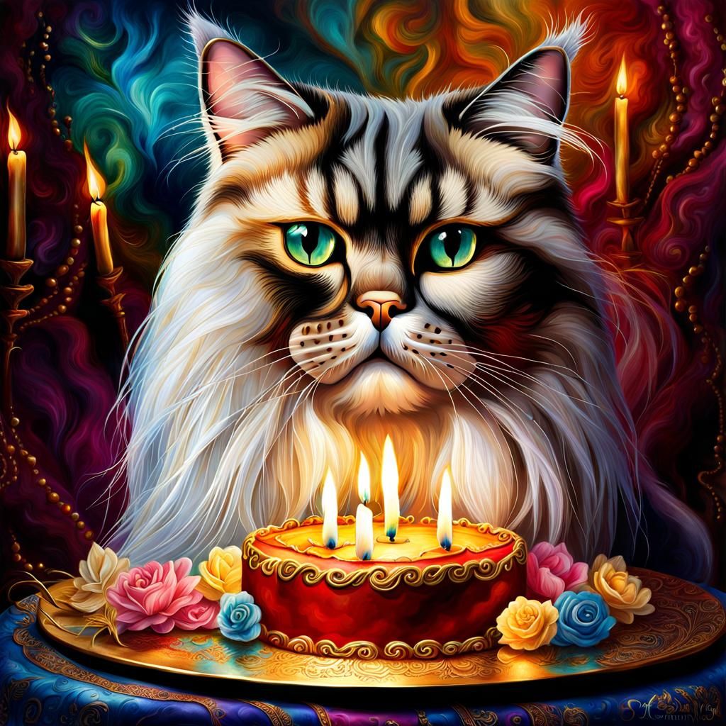 Persian Cat's Lavish Birthday Party in Alcohol Ink Style