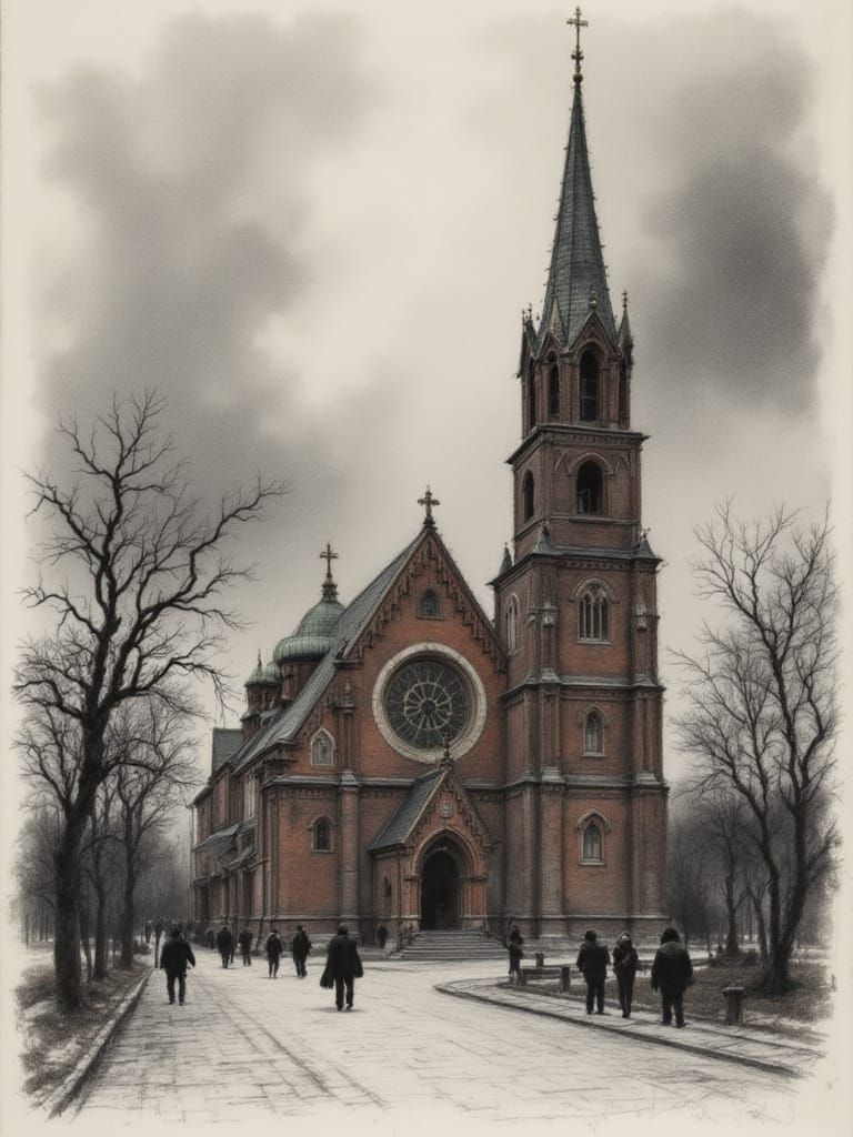 Moody Neo-Romanesque Church in Grey Afternoon Light