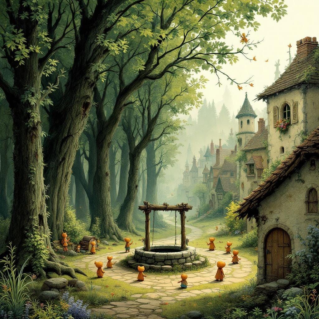 Forest Village Scene with Gingerlings in Storybook Style