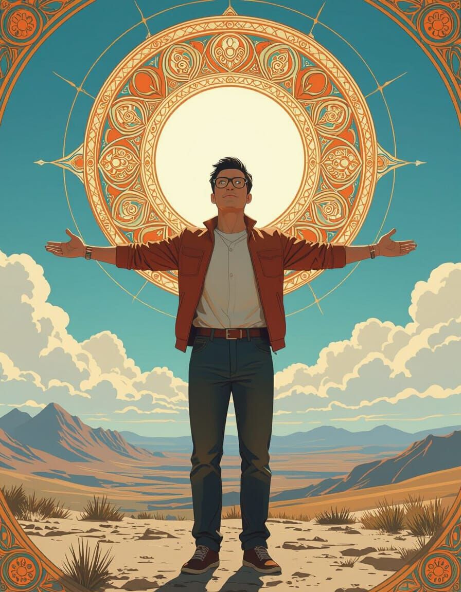 Hyperrealistic Man in Mountains with Smart Glasses