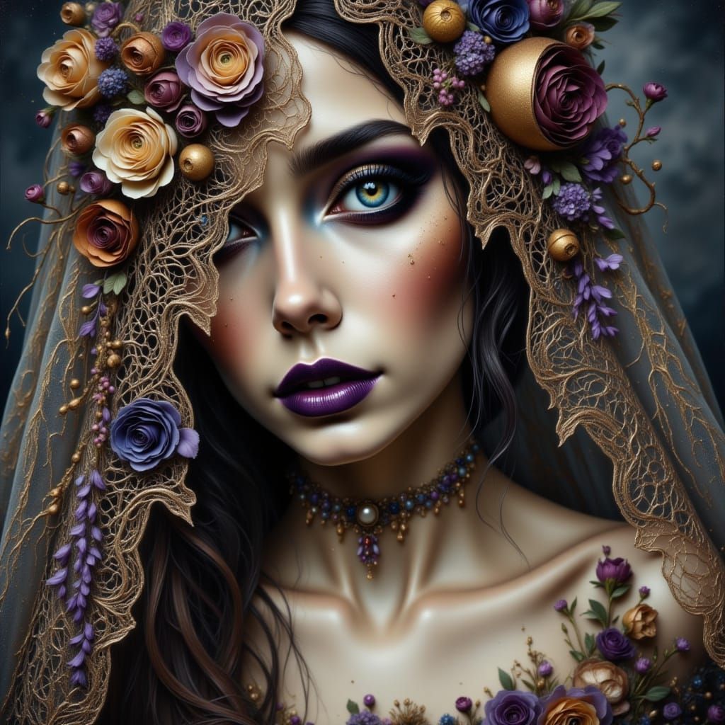 Ethereal Bride with Floral Burst in Art Nouveau Style