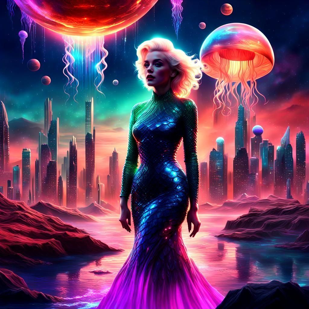 Cyber Mermaid on Mars Island: Starry Nightscape