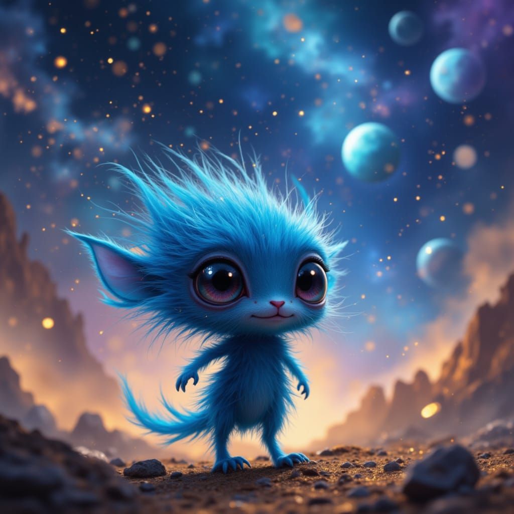 Fluffy Three-Eyed Alien on Rocky Planet