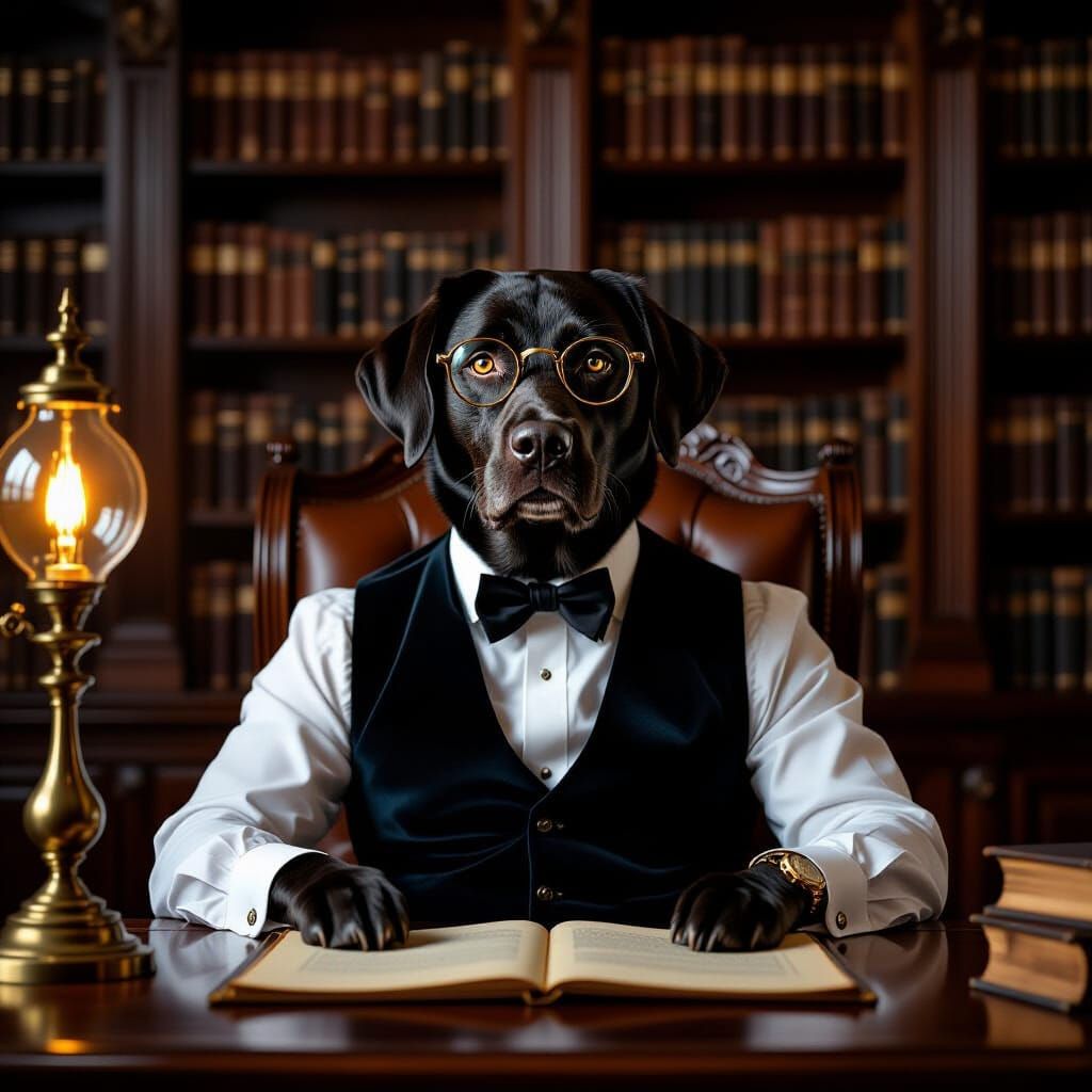 Distinguished Labrador in Study, Rembrandt Lighting