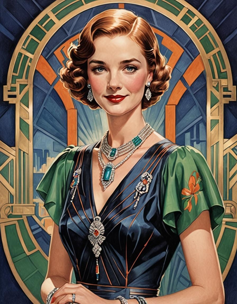 Art Deco Breck Girl with Synchronized Gown and Jewelry in Pe...