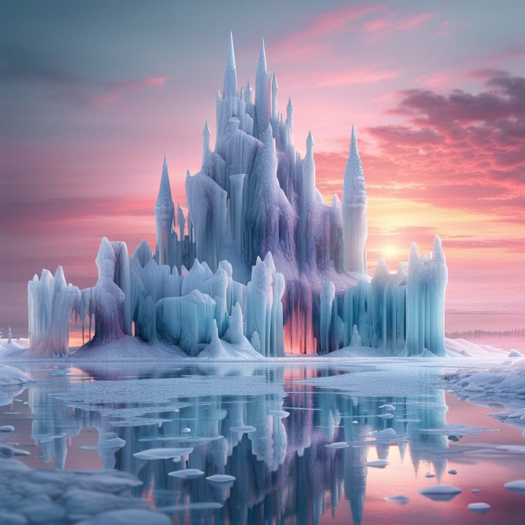 Sunset Reflections on a Detailed Ice Castle