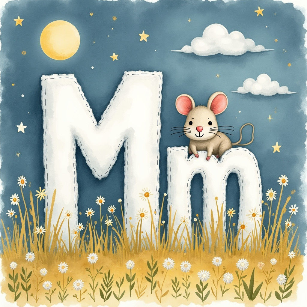 Letter Mm Illustration with Mouse in Watercolor Style