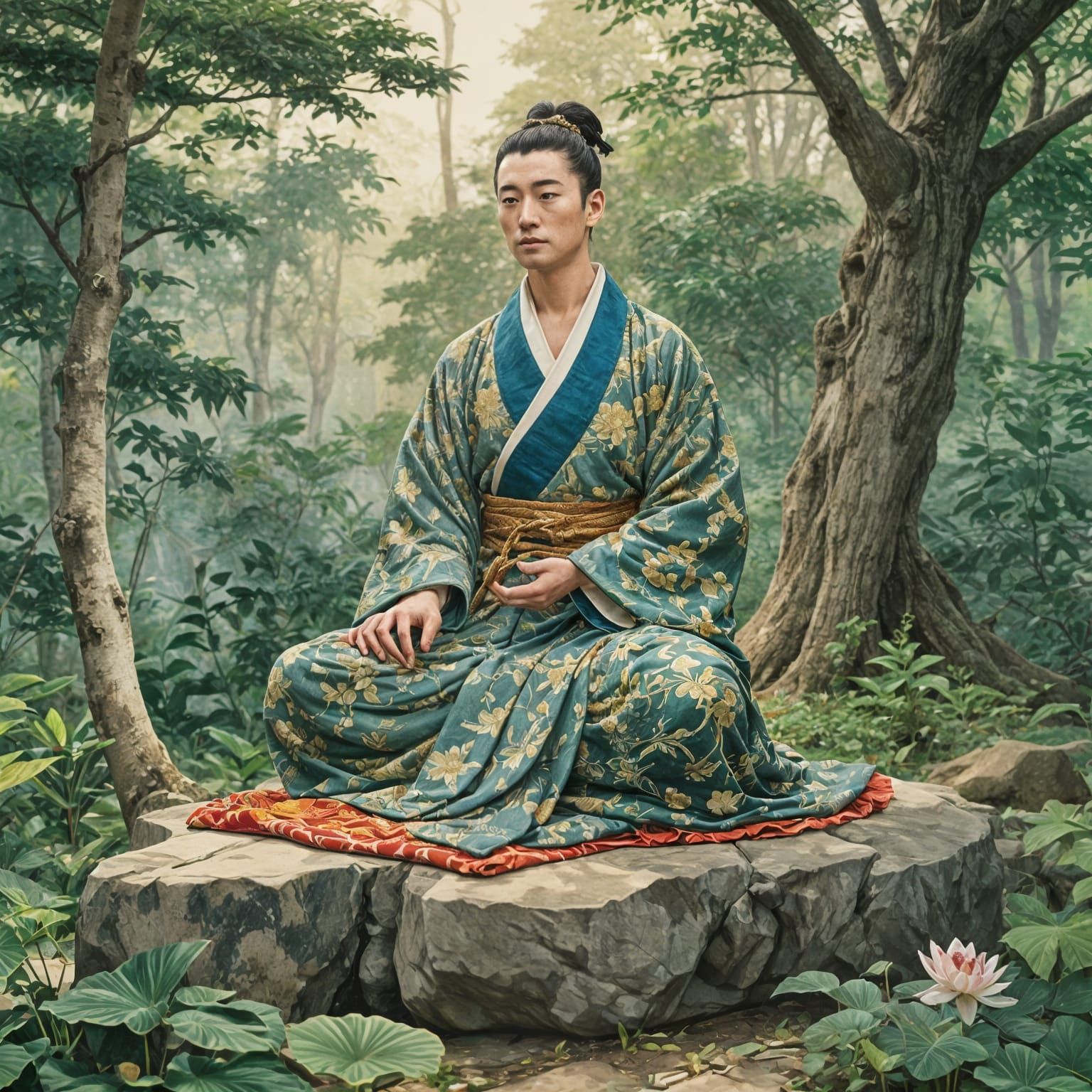 Shogun Meditating by Buddha Statue with Sacred Glow