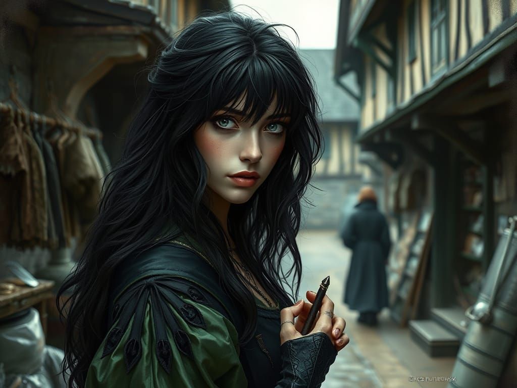 Medieval Woman in Sinister Village Scene