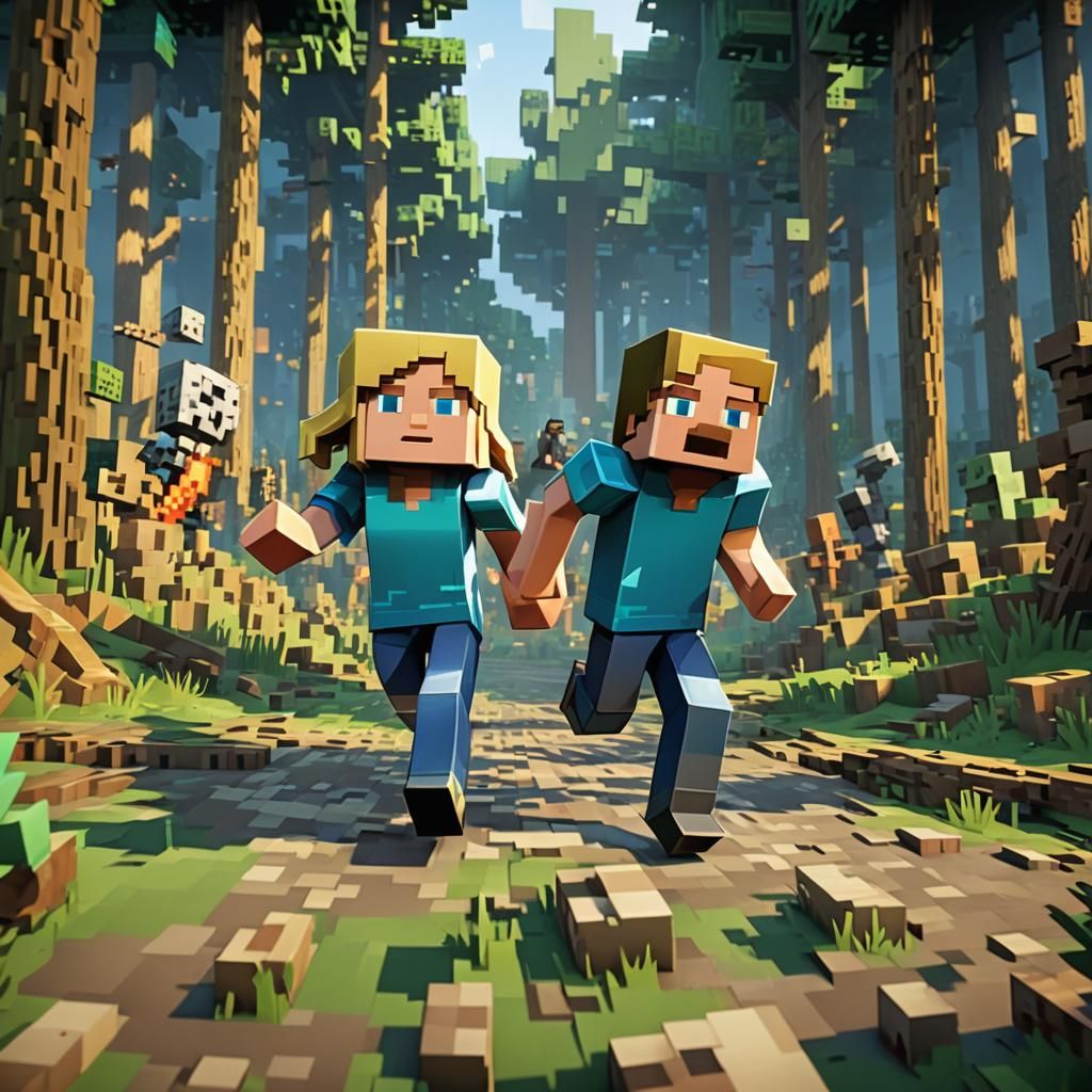 Minecraft Alex and Steve Escape Skeleton in Blocky Forest