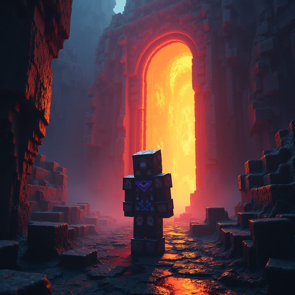 Minecraft Hero Gazing into the Nether Portal