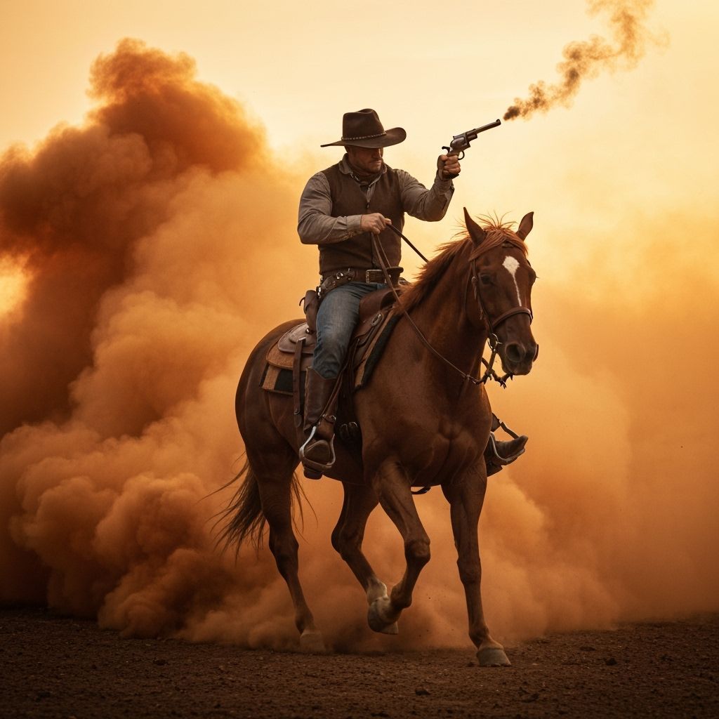 Epic Western Cowboy Rides Horse Through Dust Cloud