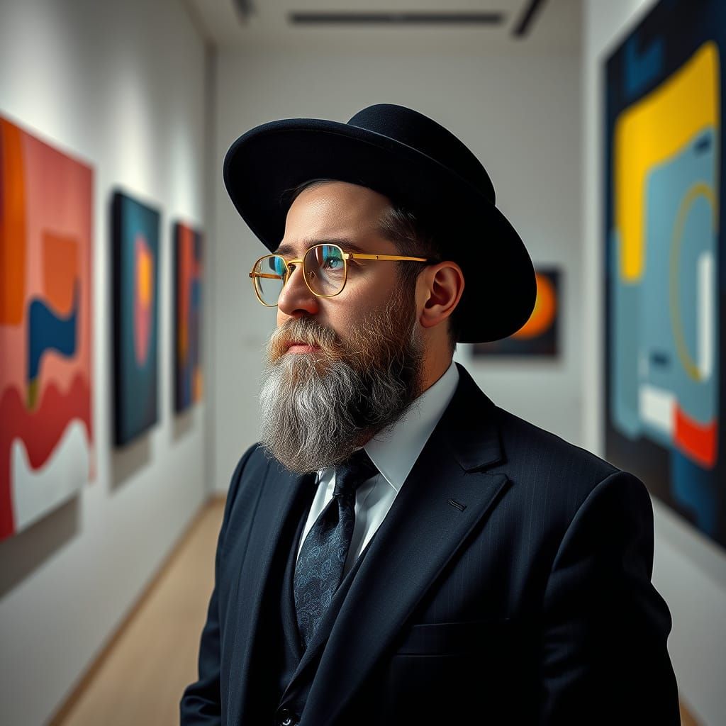 Imagine a modern, ultra-Orthodox Hasidic man with a neatly trimmed beard and stylish gold-rimmed glasses, dressed in a d...