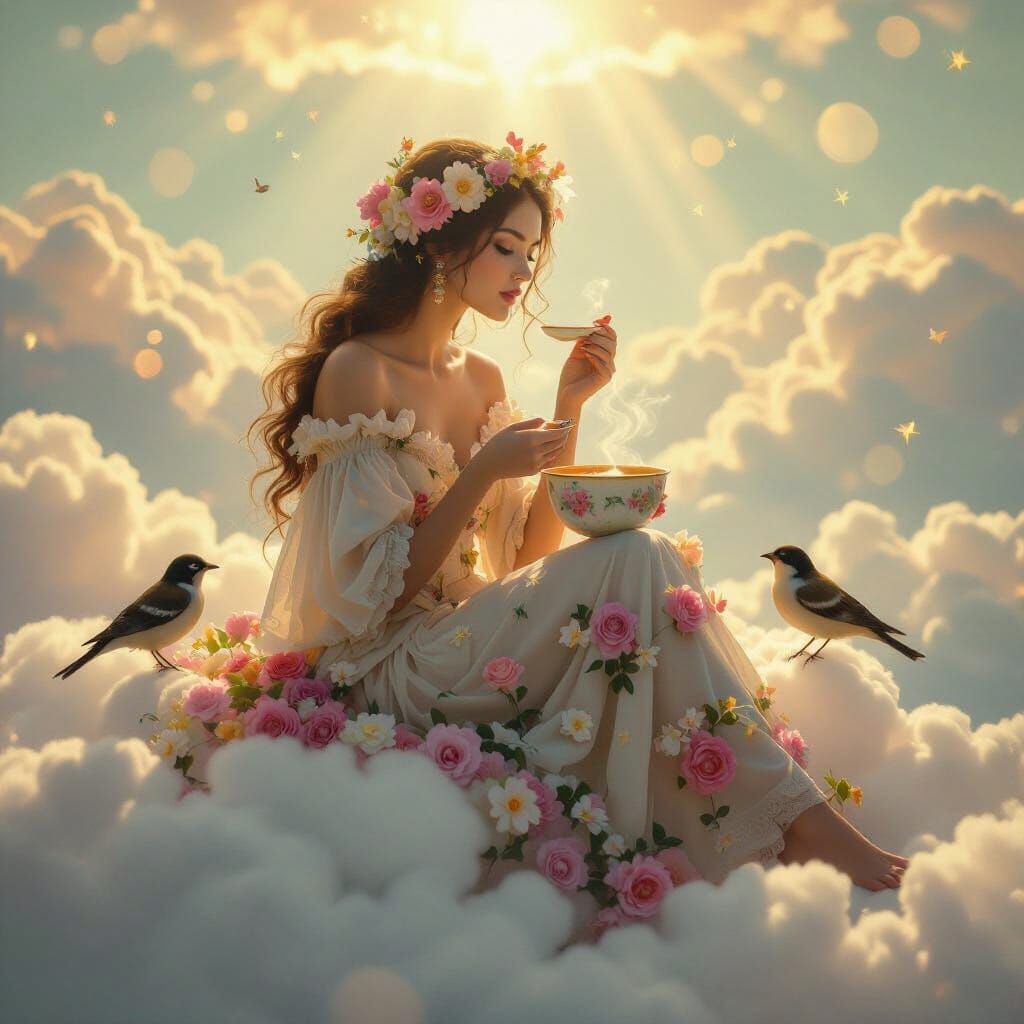 Woman of Flowers Eats Soup on Cloud with Birds