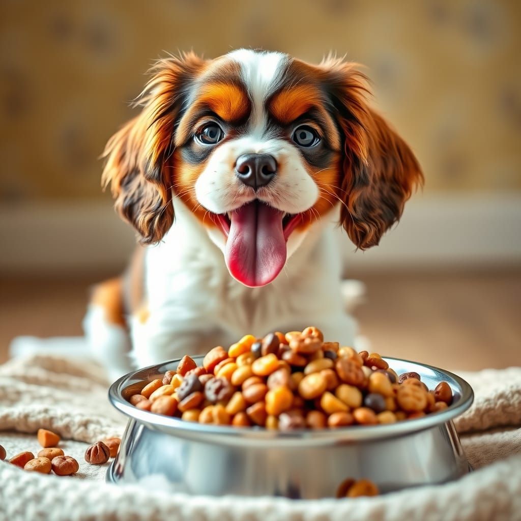 Joyful King Charles Cavalier Puppy with Overflowing Dog Bowl