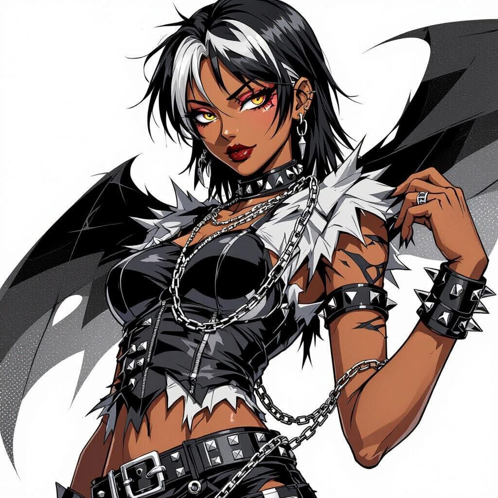 Anime Witch in Punk Attire: Black and White Manga Panel