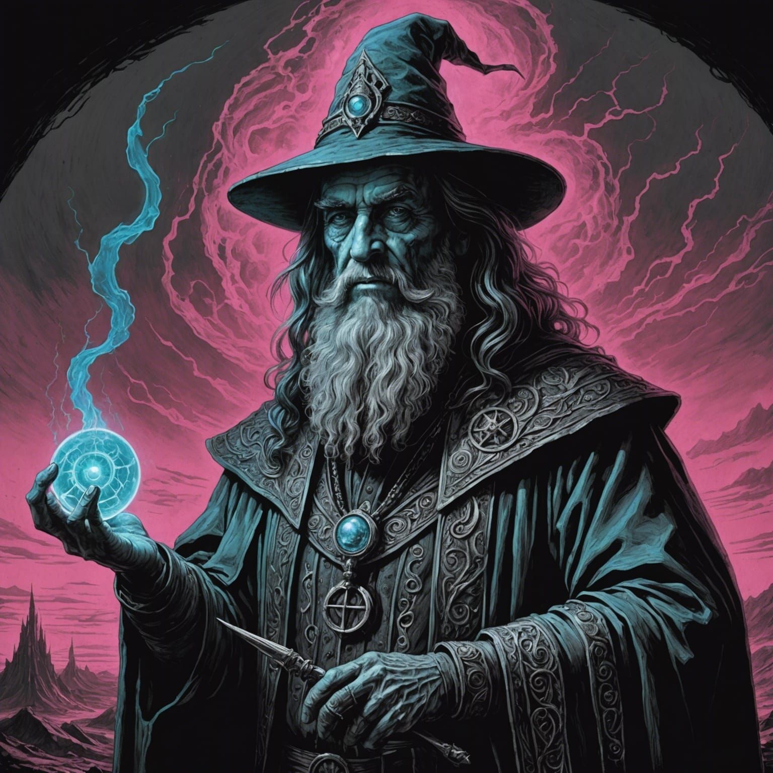 Synthwave Wizard in Futuristic Wastelands: Charcoal Drawing