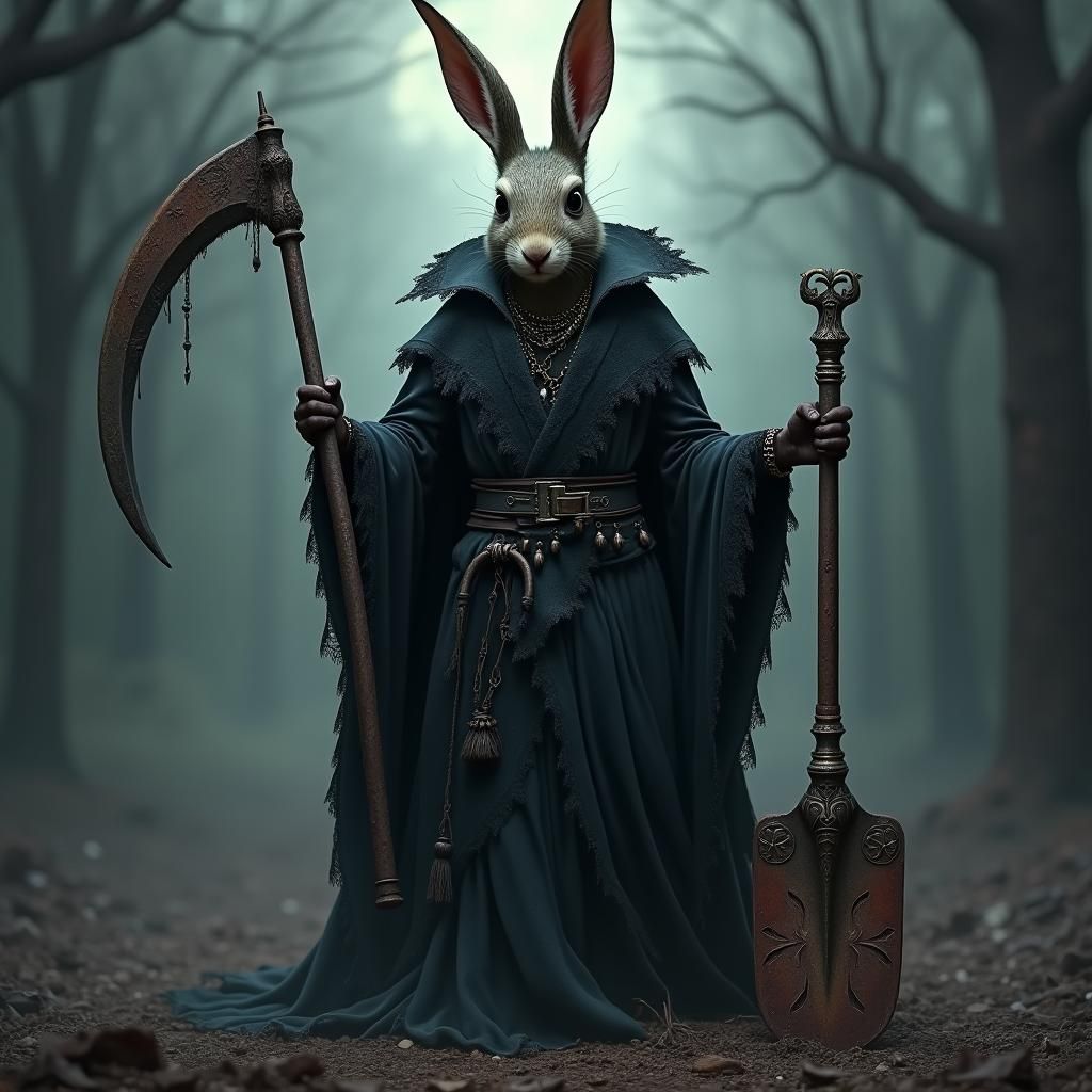 Gothic Rabbit Necromancer with Sickle and Shovel