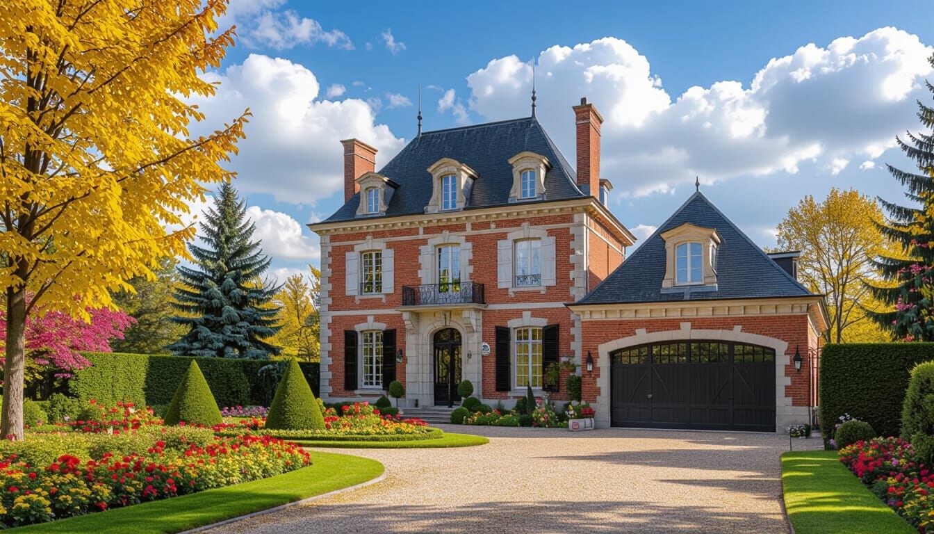 Grand Chateau Amidst Colorful Trees and Flowers