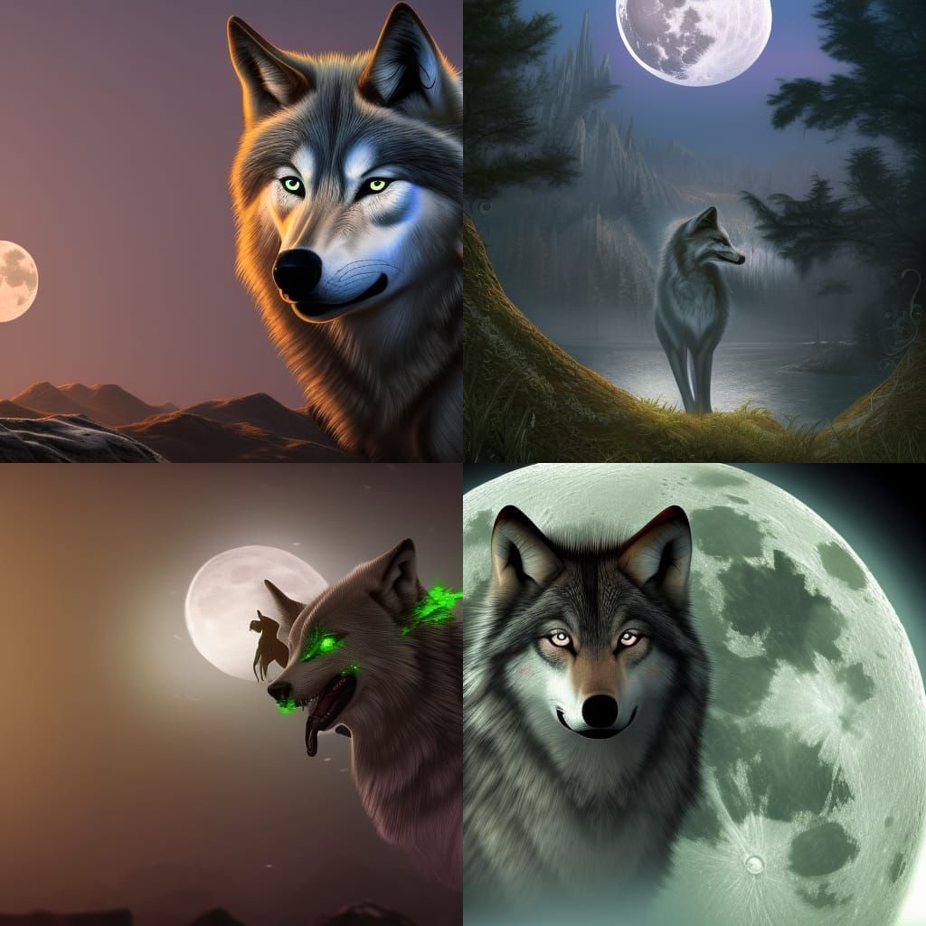 Green-Eyed Wolf Under Full Moon, Detailed Painting
