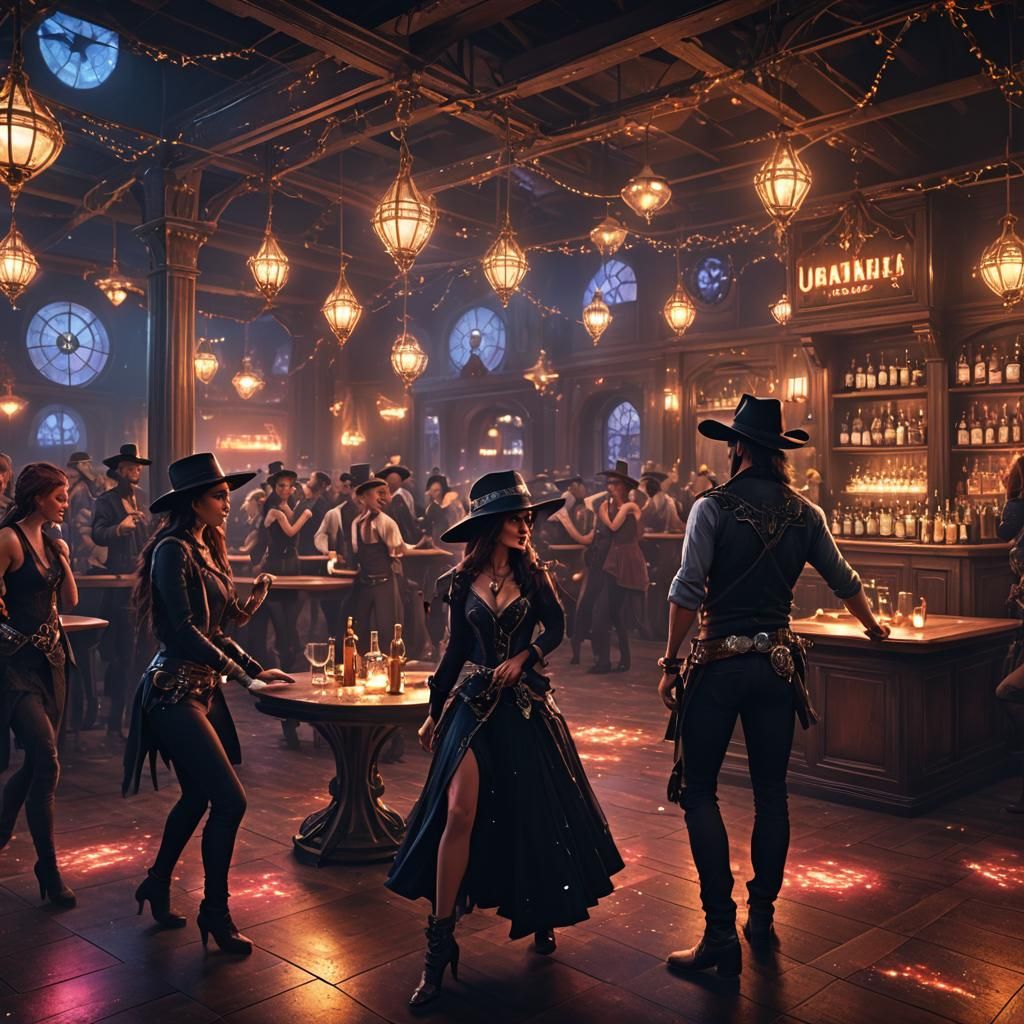 Magical Line Dance in a Dark Bar, Fantasy Art