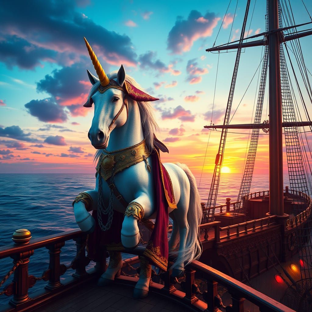 Unicorn Pirate Captain on Antique Ship at Sunset