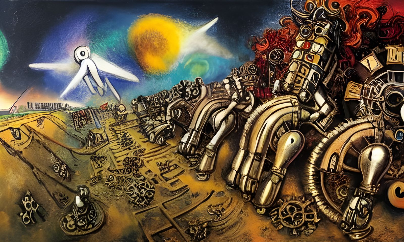 Dieselpunk Clockwork Horses Galloping, Impasto Painting