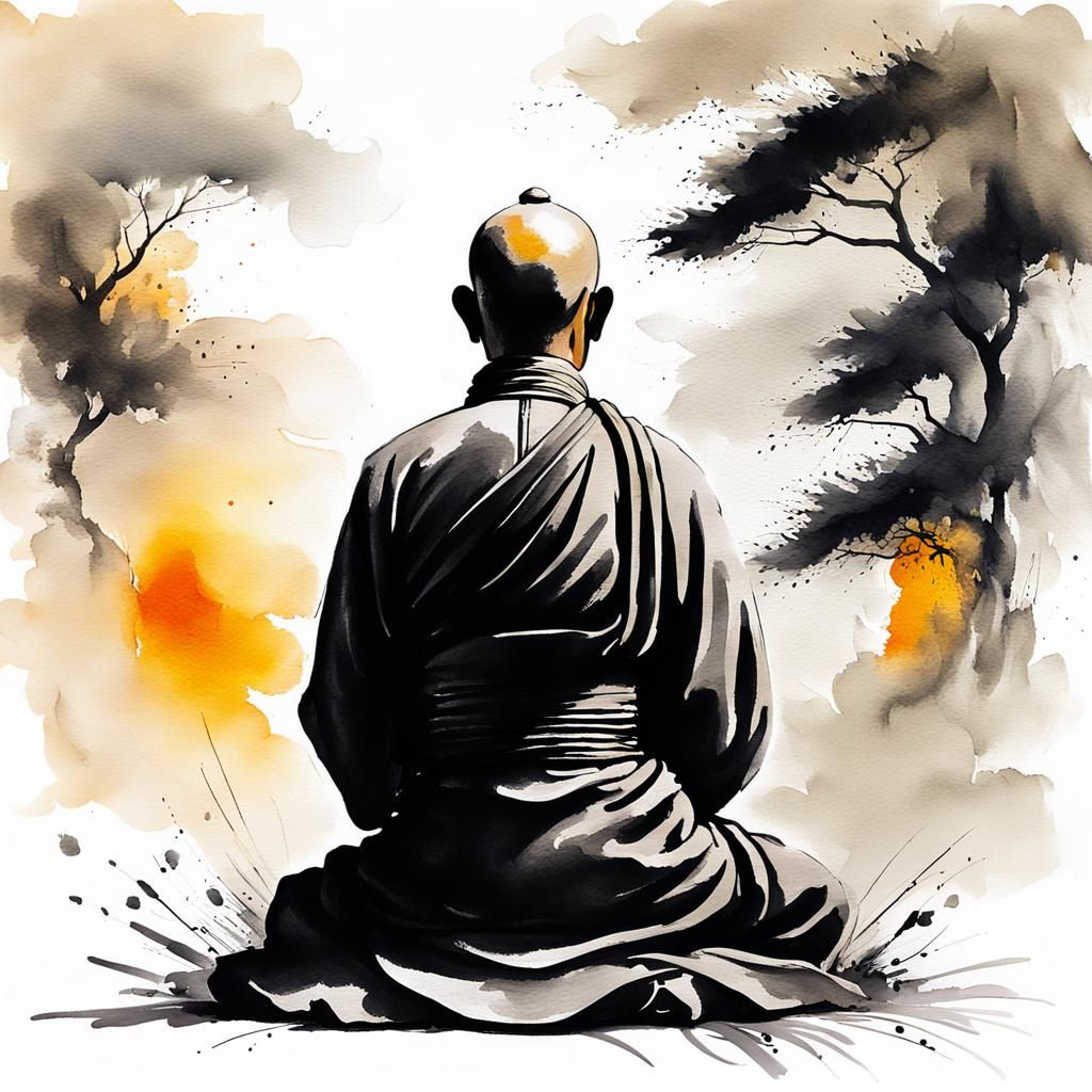 Meditating Monk in Sumi-e Ink Painting Style