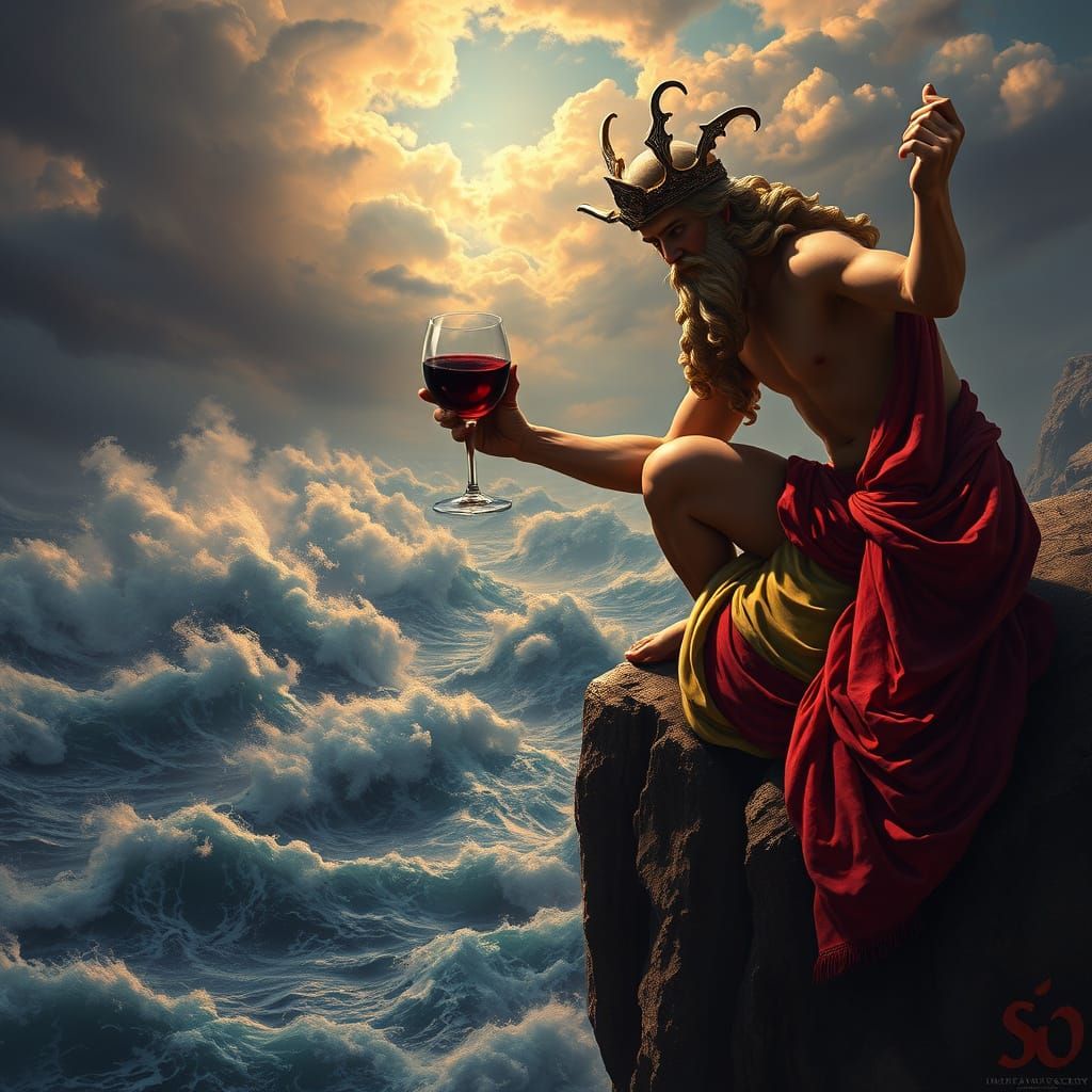 Bacchus Overlooking Raging Sea, in Surreal Style