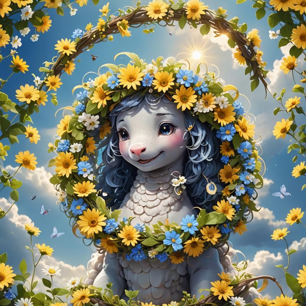 Cute Earthworm with Flower Wreath in Sunshine