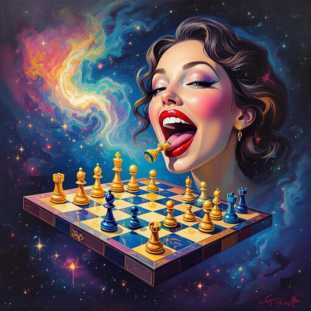Cosmic Chess Game with Giant-Mouthed Woman Eating Piece