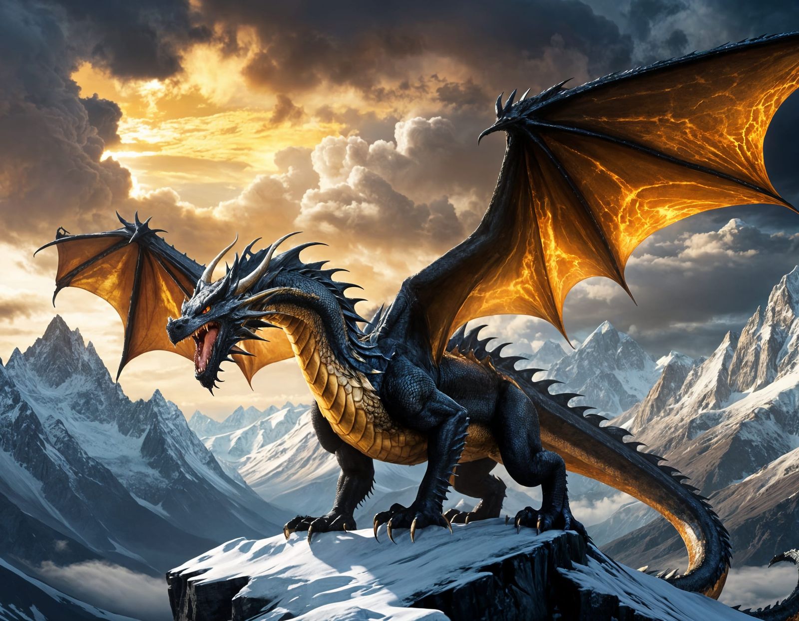 Obsidian Dragon Soaring Over Snowy Peaks