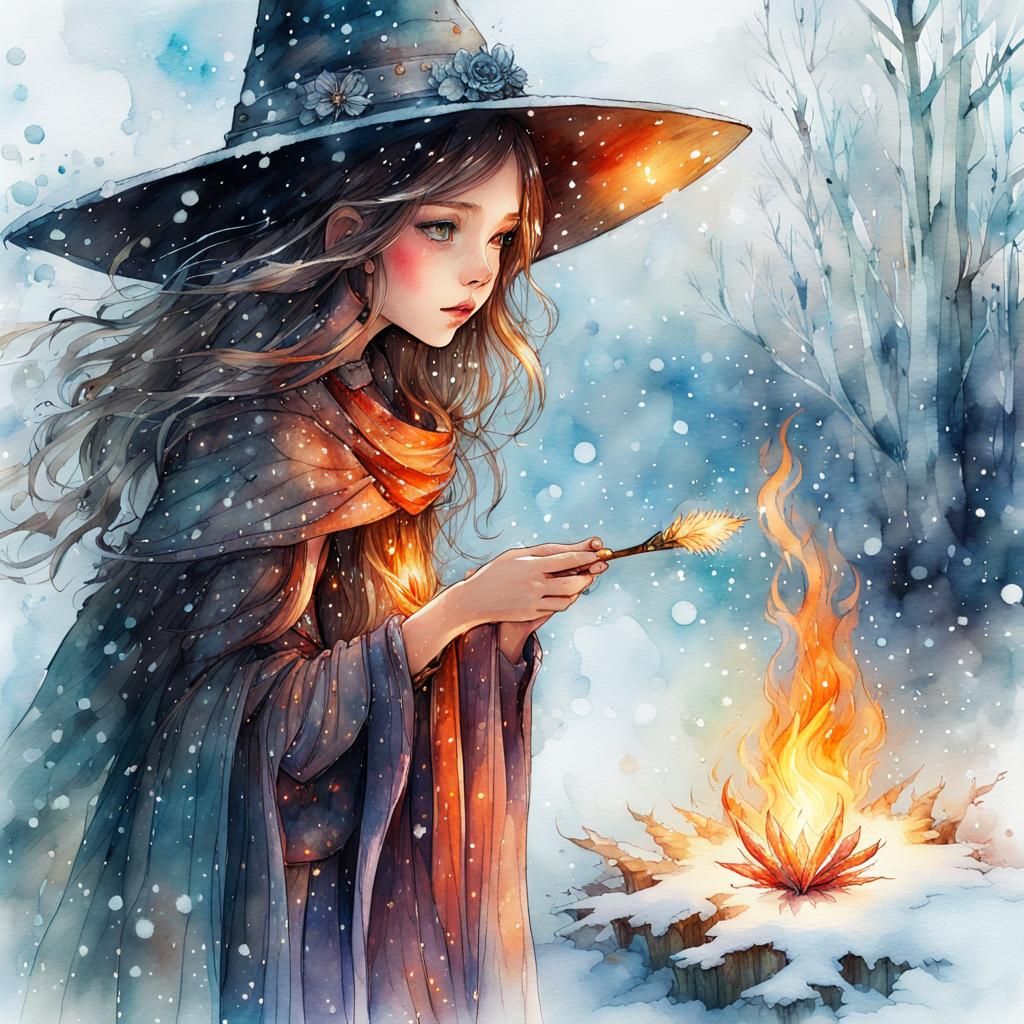 Child Witch and Fire Fairy: Watercolor Fairytale