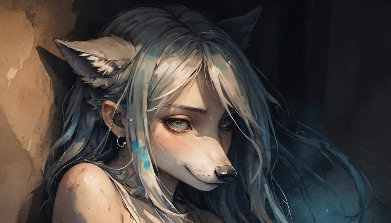 Anthropomorphic Wolf Mother and Child, Watercolor Anime Styl...