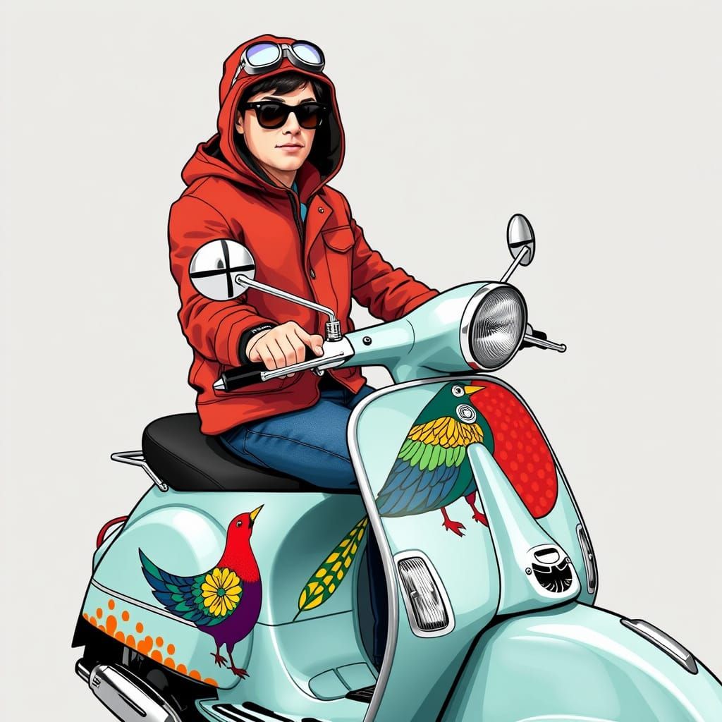 Mod wearing a parka on a mod scooter wrapped in "bird" artwo...