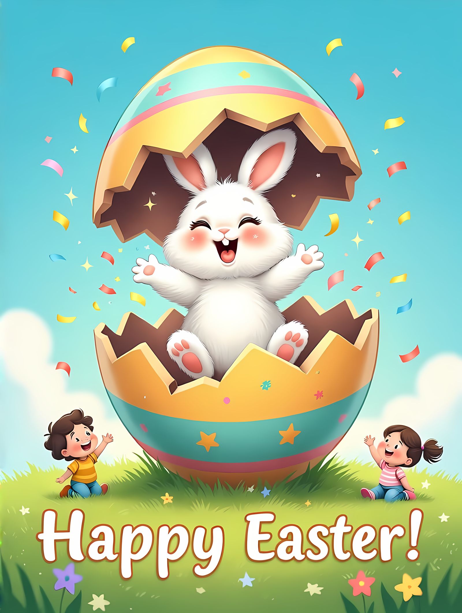 Joyful Easter Bunny Eruption from Broken Eggshell
