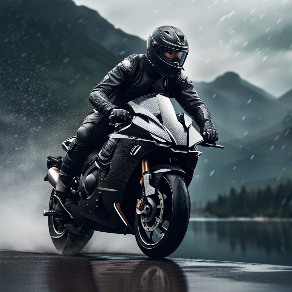 Hyperrealistic Ninja H2 Rider in Rainy Mountain Landscape