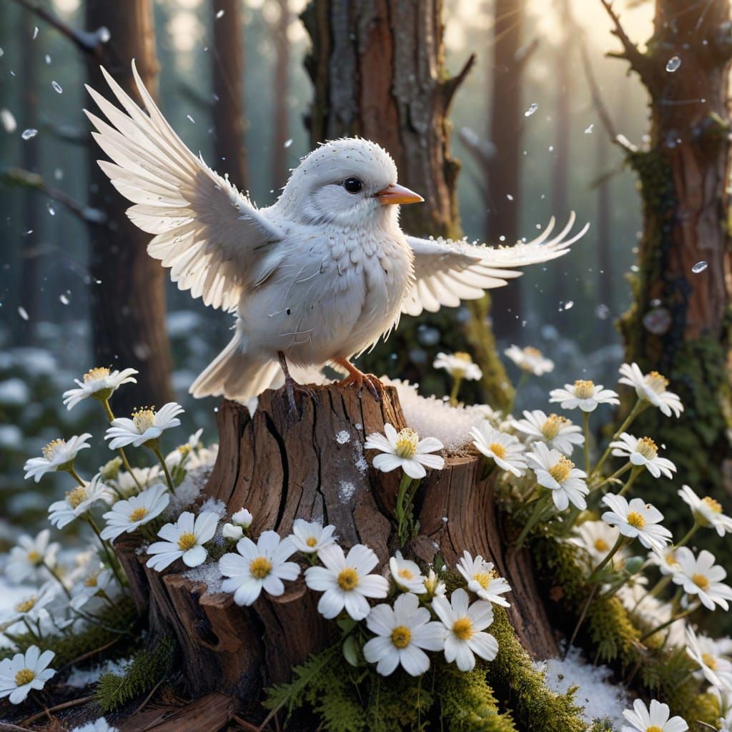 Adorable White Bird on Snowy Stump