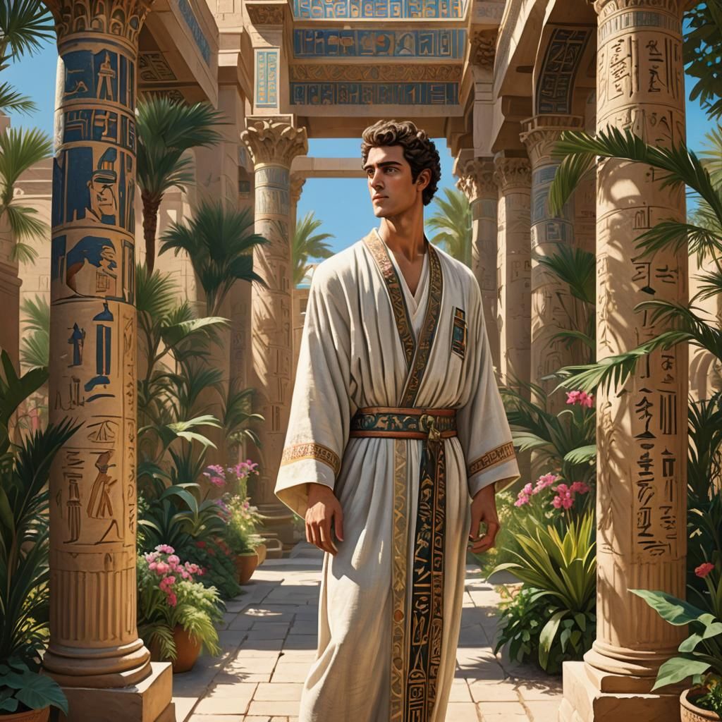 Joseph in Egyptian Palace Courtyard: Photorealistic Image