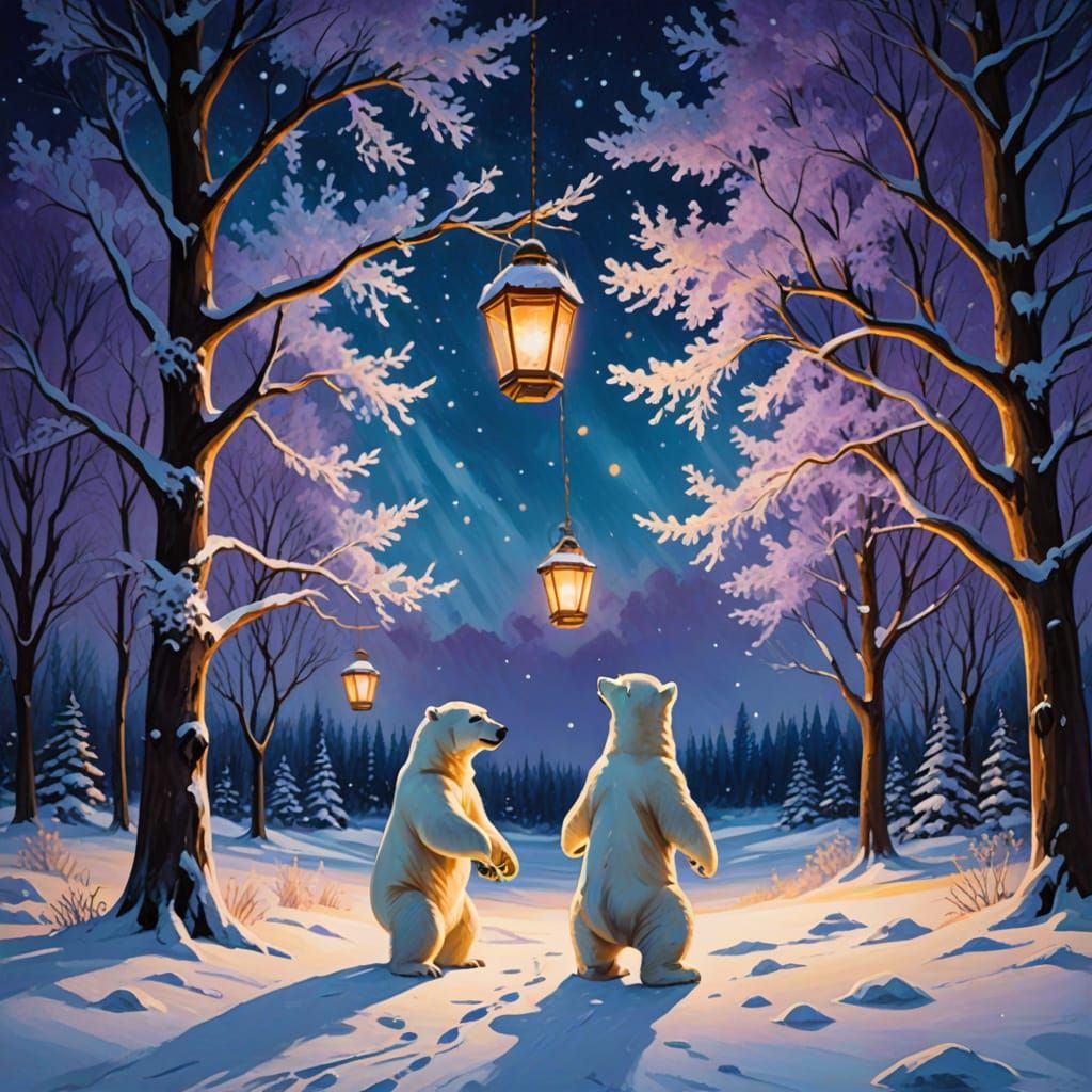 Polar bear standing on hind legs reaching out towards glowin...