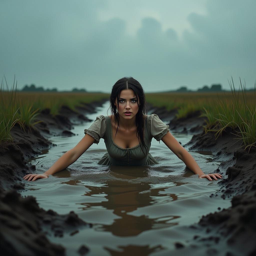 Woman Sinks in Dark Mud Under Stormy Sky