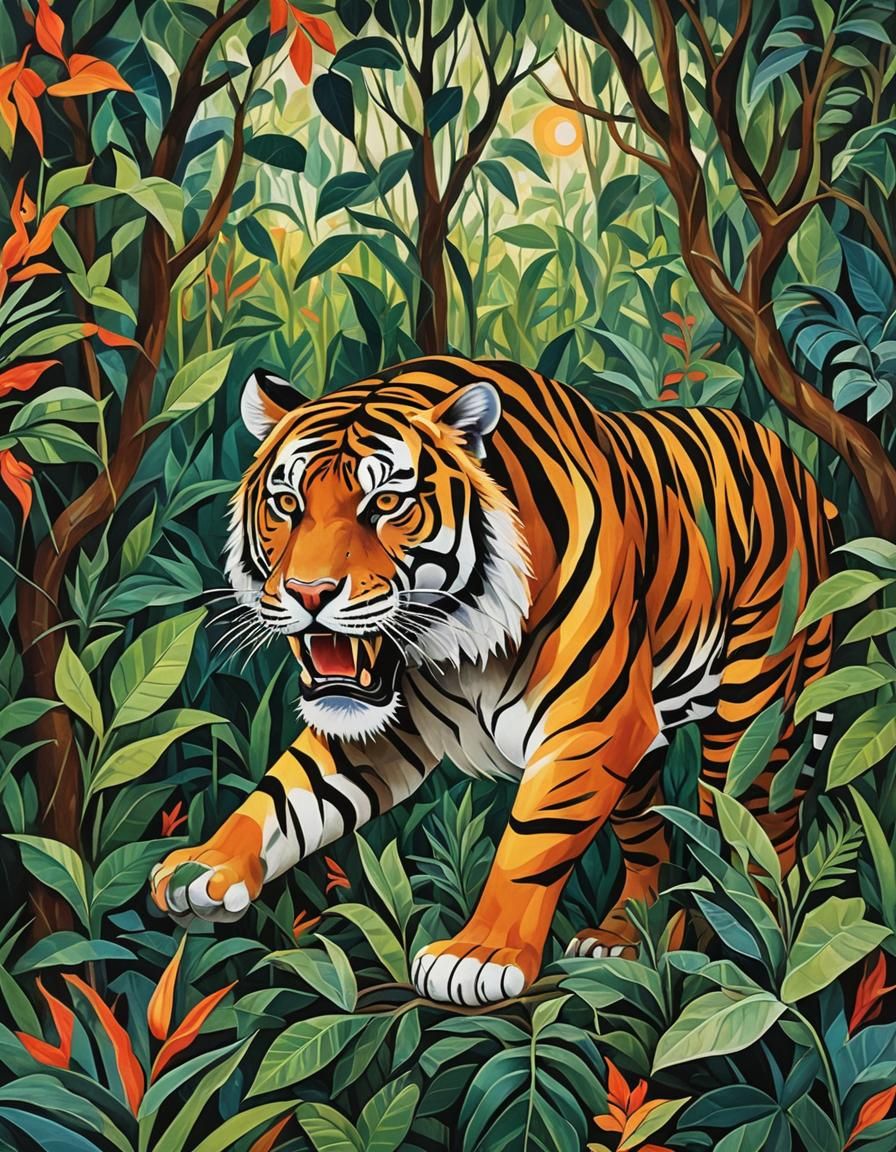 Tiger in Vibrant Abstract Cubist Art